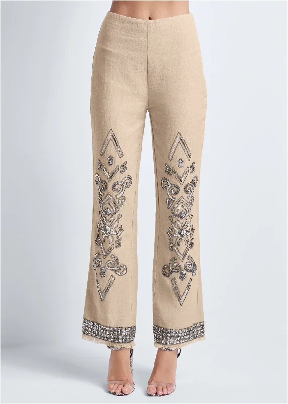 Embellished linen pants - Natural