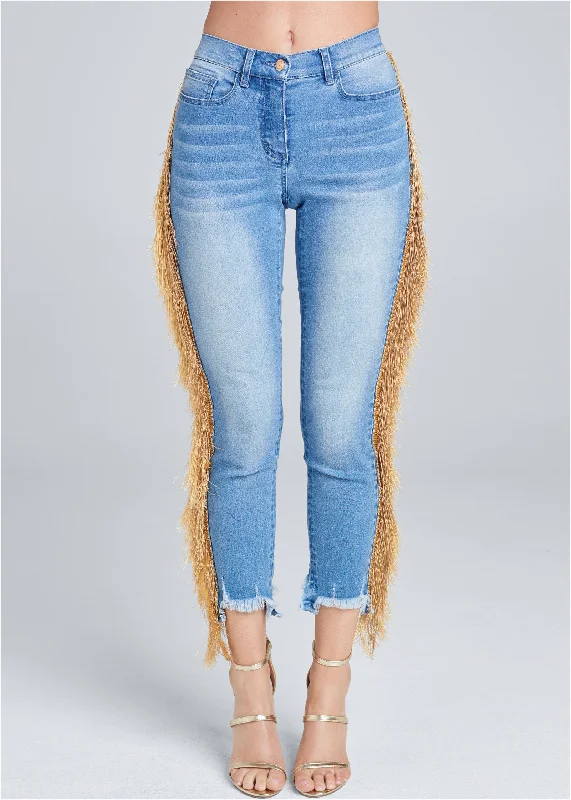 Cropped fringe trim jeans - Denim Blue