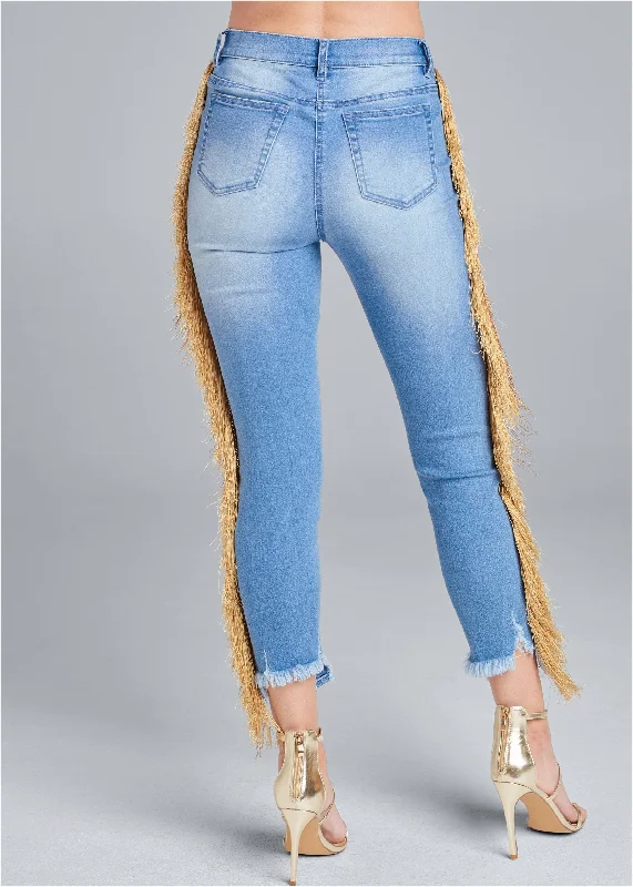 Cropped fringe trim jeans - Denim Blue