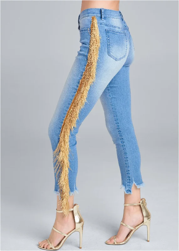 Cropped fringe trim jeans - Denim Blue