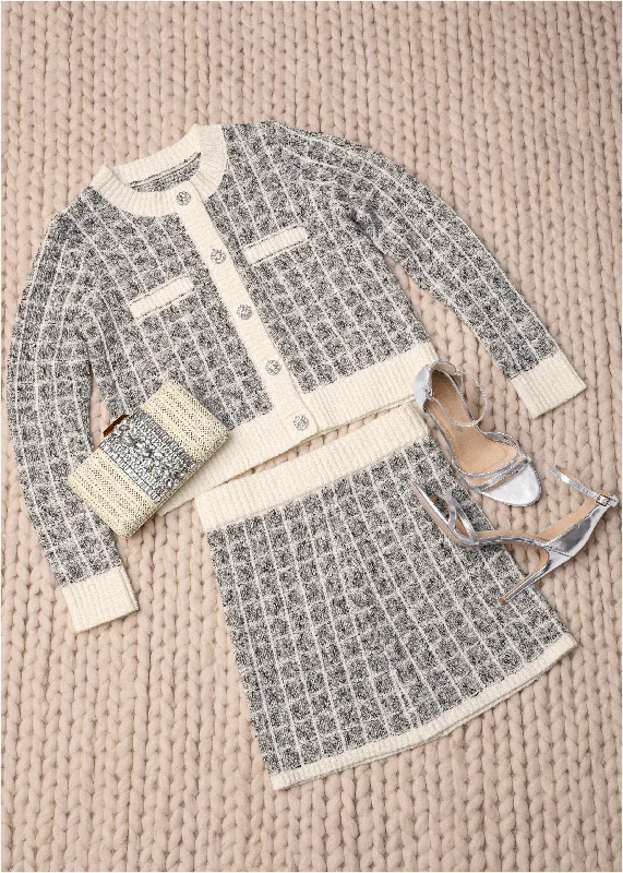 Boucle knit cardigan and skirt set - Grey Multi