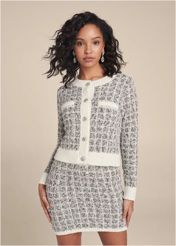 Boucle knit cardigan and skirt set - Grey Multi