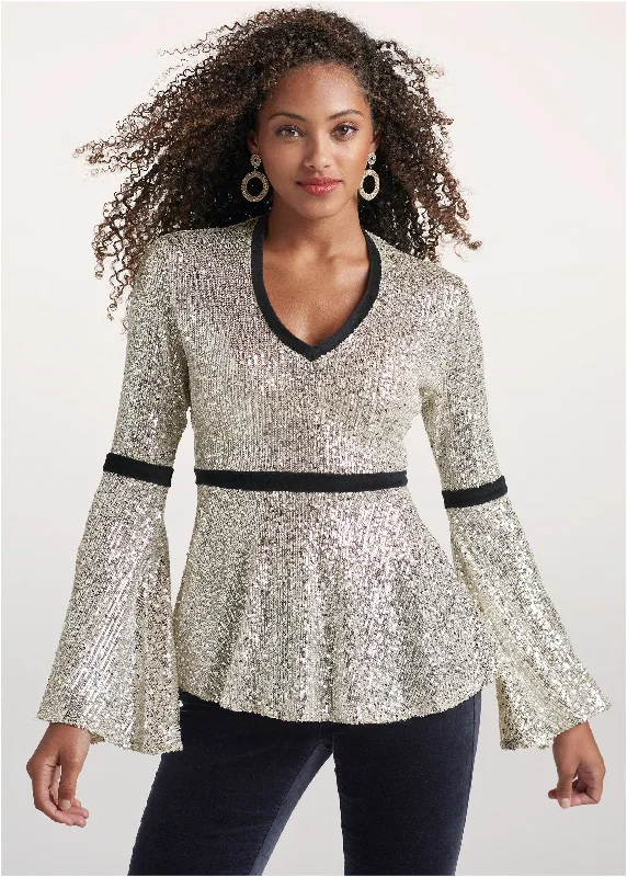 Sequin bell sleeve top - Champagne