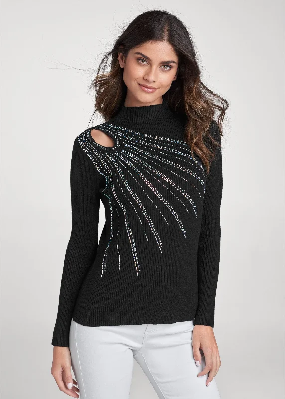 Rhinestone trim mock neck sweater - Black