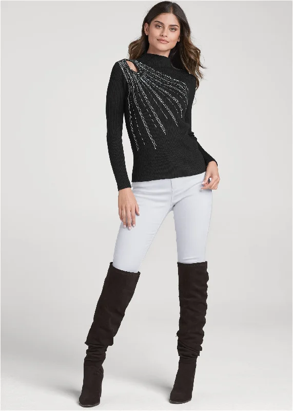 Rhinestone trim mock neck sweater - Black