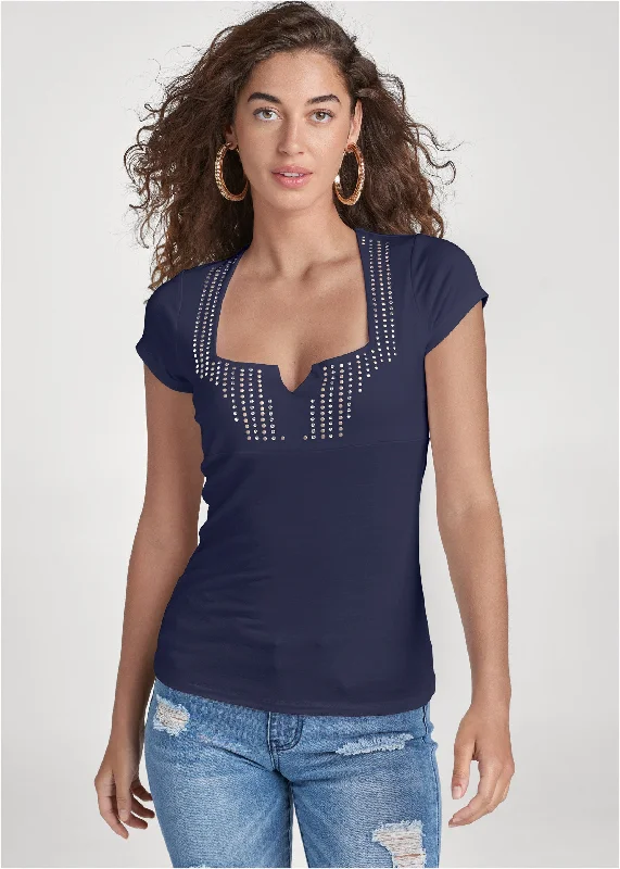 Embellished square neck top - Navy