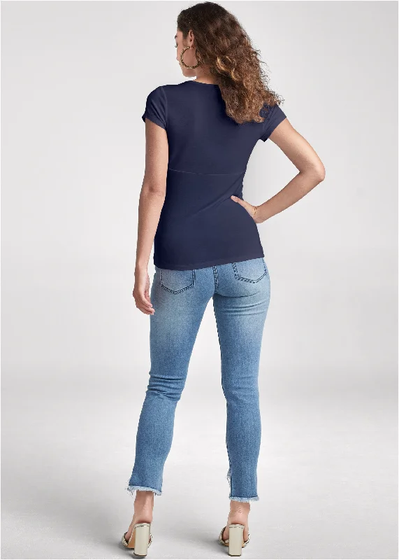 Embellished square neck top - Navy