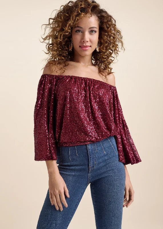 Off-the-shoulder sequin top - Wine