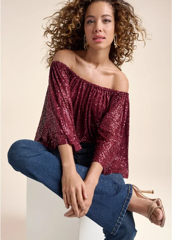 Off-the-shoulder sequin top - Wine