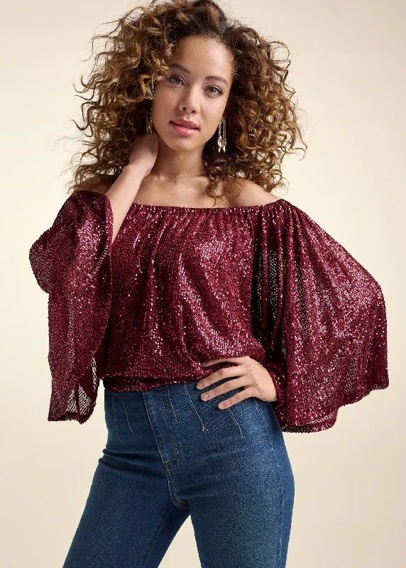 Off-the-shoulder sequin top - Wine