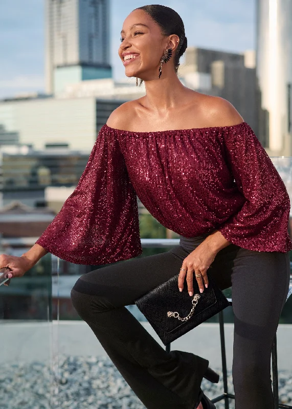 Off-the-shoulder sequin top - Wine