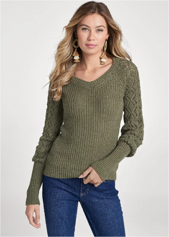 Pointelle sleeve sweater - Olive