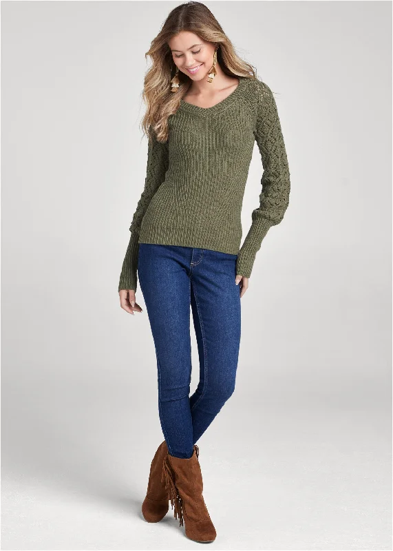 Pointelle sleeve sweater - Olive