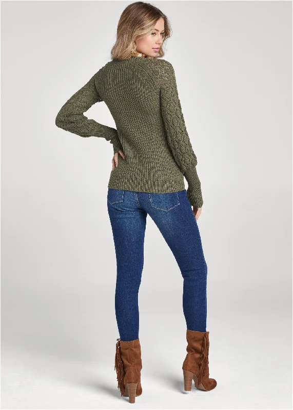 Pointelle sleeve sweater - Olive