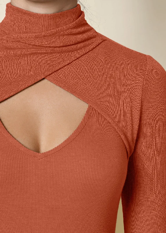 Cutout mock-neck top - Burnt Orange