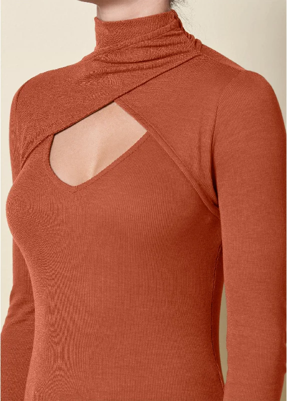 Cutout mock-neck top - Burnt Orange