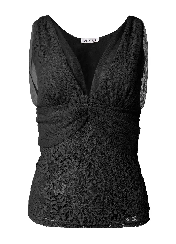 Mesh overlay lace top - Black