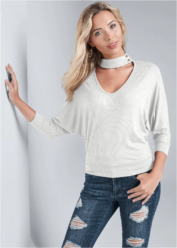 Ribbed V-neck choker top - Off White