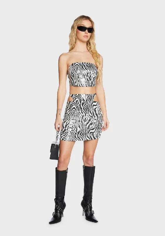 Zebra Sequin Cut Out Mini Skirt