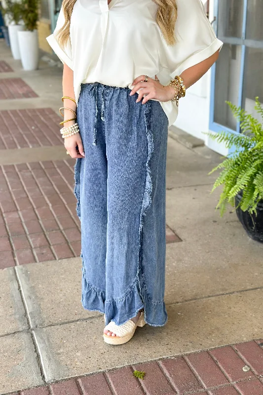 Washed Denim Ruffle Detail Wide Leg Pants