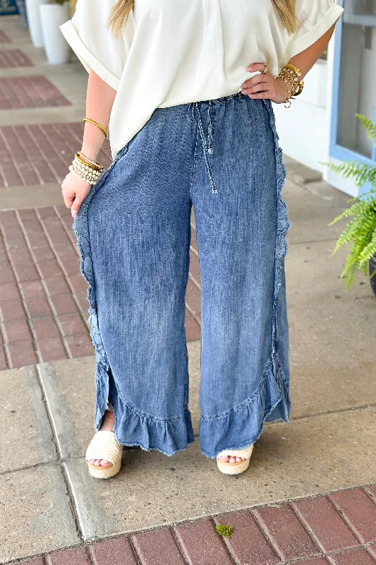 Washed Denim Ruffle Detail Wide Leg Pants