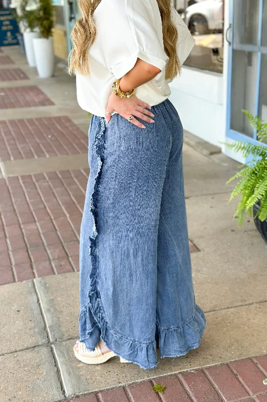 Washed Denim Ruffle Detail Wide Leg Pants