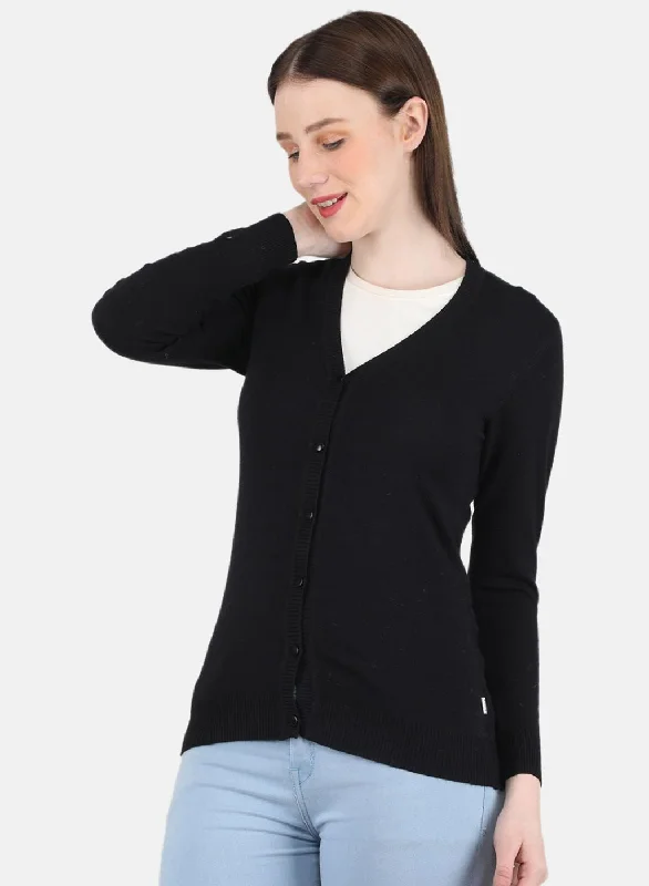 Women Black Self Design Cardigan