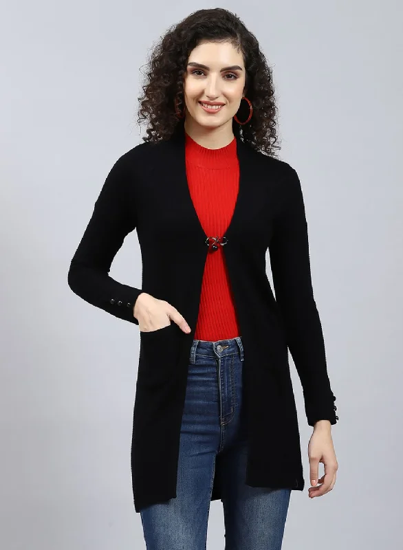 Women Black Self Design Wool blend Cardigan