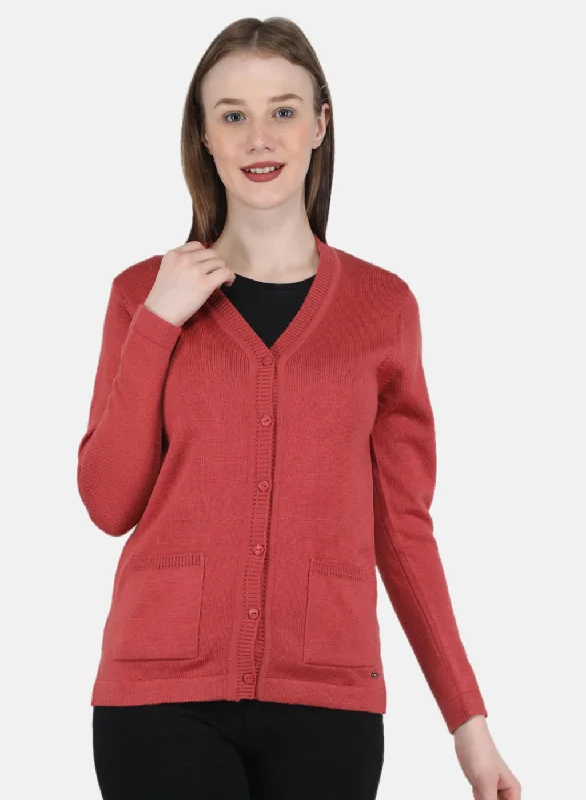 Women Red Solid Cardigan