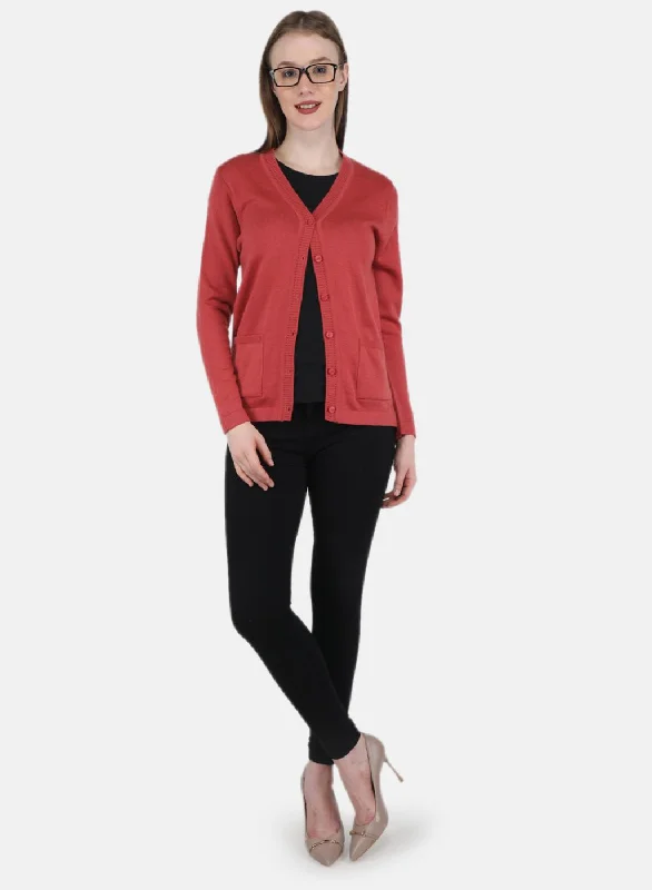 Women Red Solid Cardigan