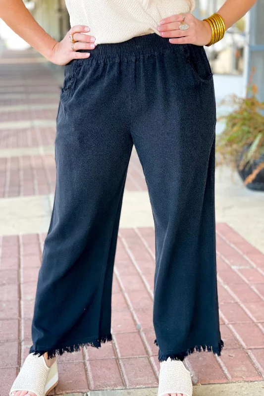 Black Wide Leg Elastic Frayed Pants