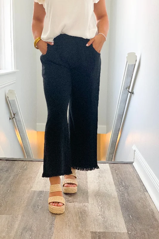 Black Wide Leg Elastic Frayed Pants