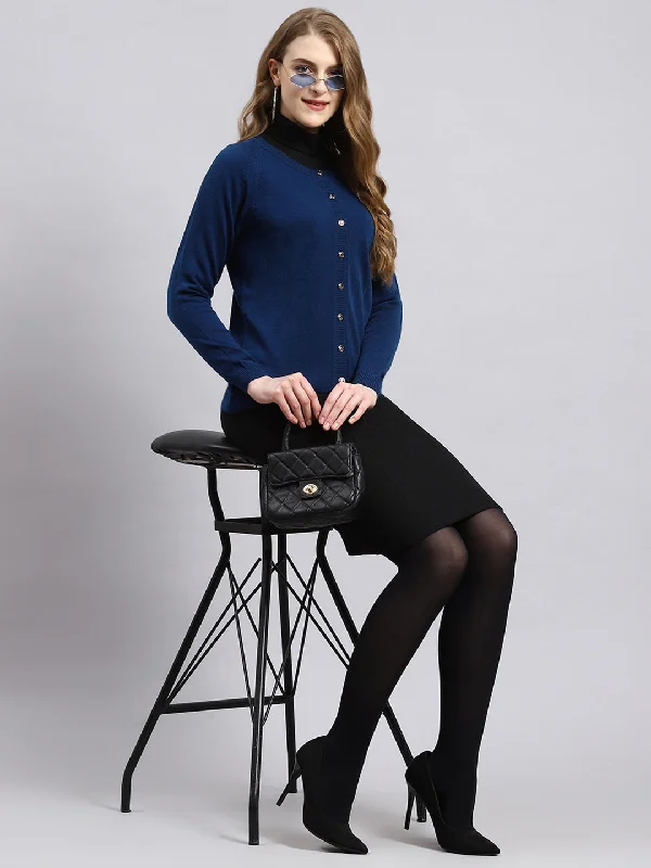 Women Blue Solid Cardigan