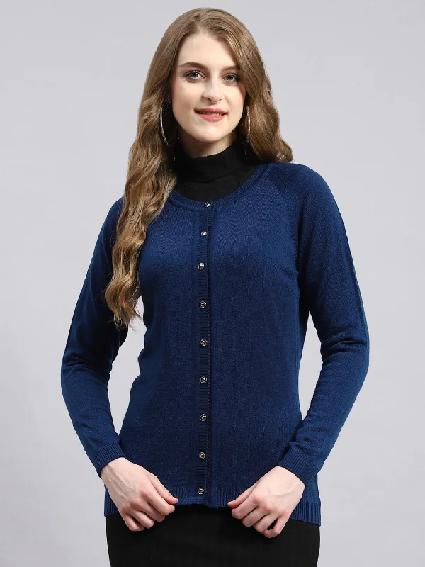 Women Blue Solid Cardigan