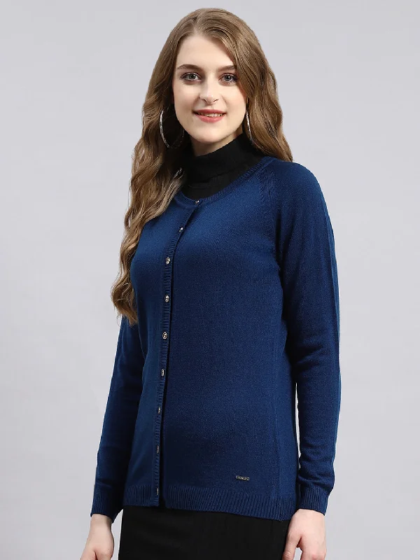 Women Blue Solid Cardigan