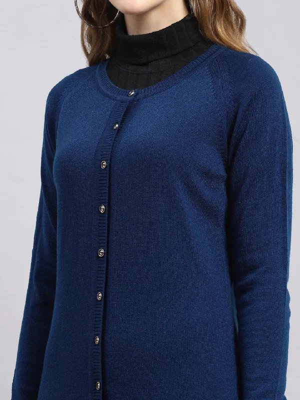 Women Blue Solid Cardigan