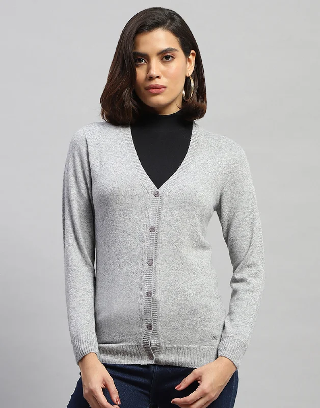 Women Grey Solid V Neck Full Sleeve Cardigan