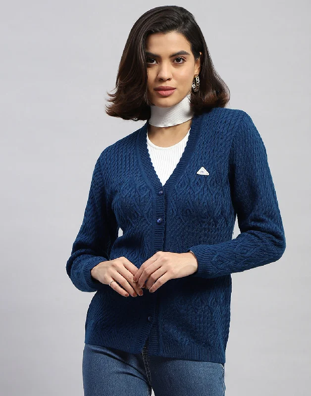 Women Navy Blue Self Design V Neck Full Sleeve Cardigan