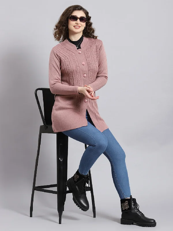 Women Pink Self Design Mandarin Collar Full Sleeve Coat