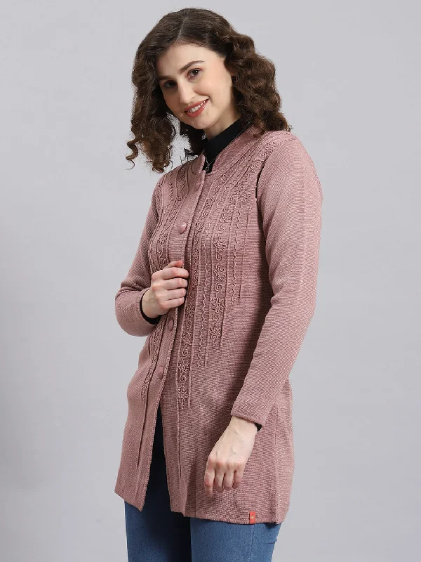 Women Pink Self Design Mandarin Collar Full Sleeve Coat