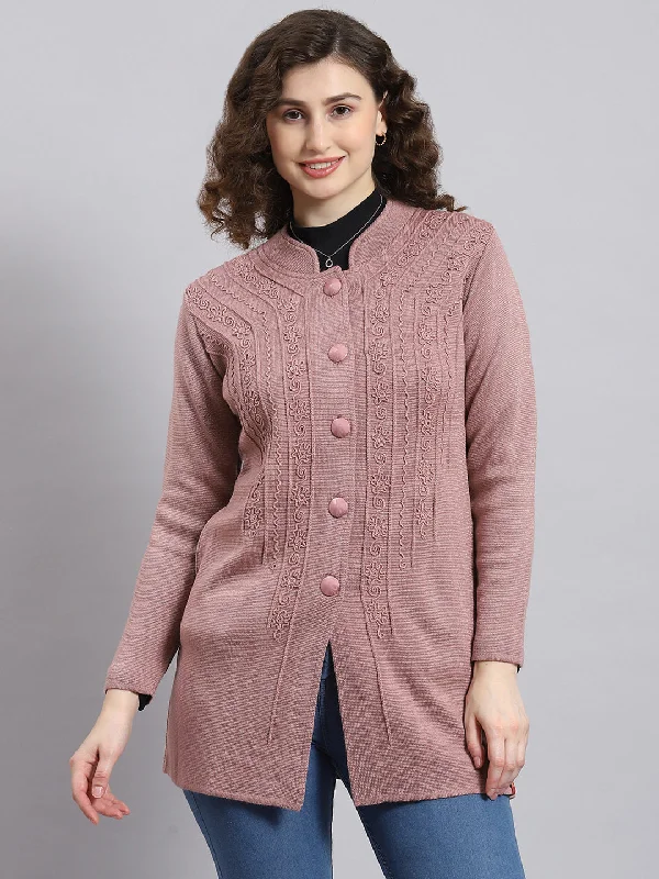 Women Pink Self Design Mandarin Collar Full Sleeve Coat