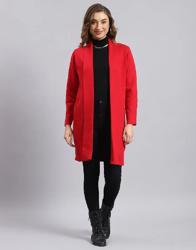 Women Red Self Design V Neck Full Sleeve Cardigan