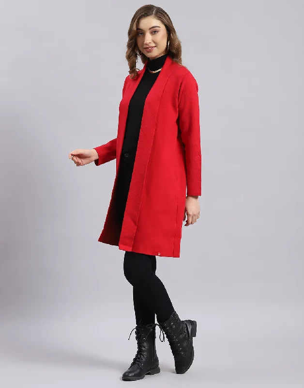 Women Red Self Design V Neck Full Sleeve Cardigan