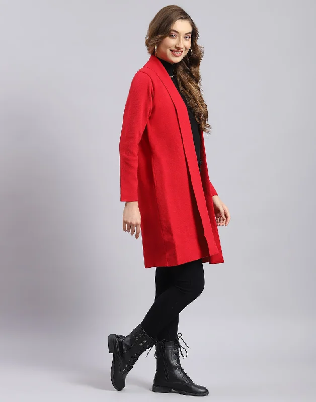 Women Red Self Design V Neck Full Sleeve Cardigan