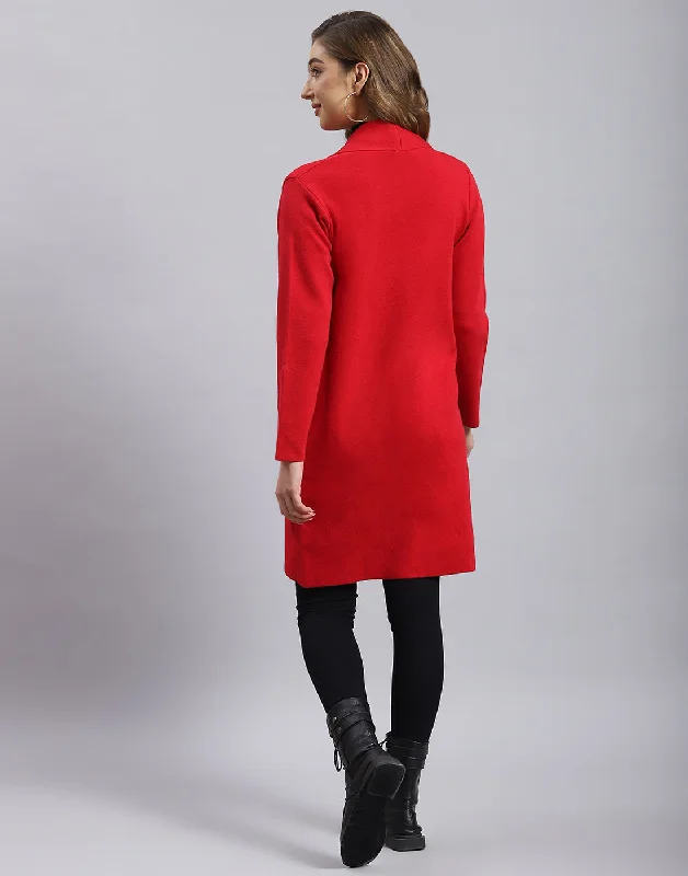 Women Red Self Design V Neck Full Sleeve Cardigan