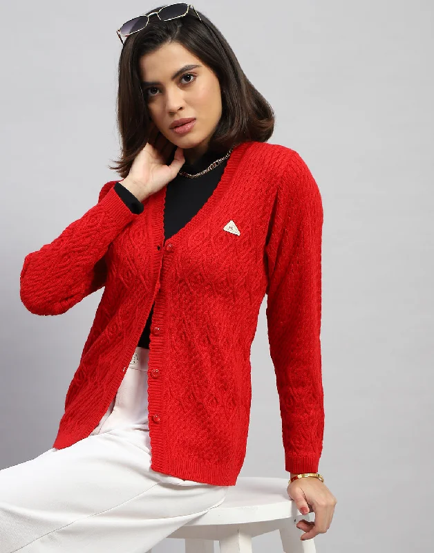 Women Red Self Design V Neck Full Sleeve Cardigan