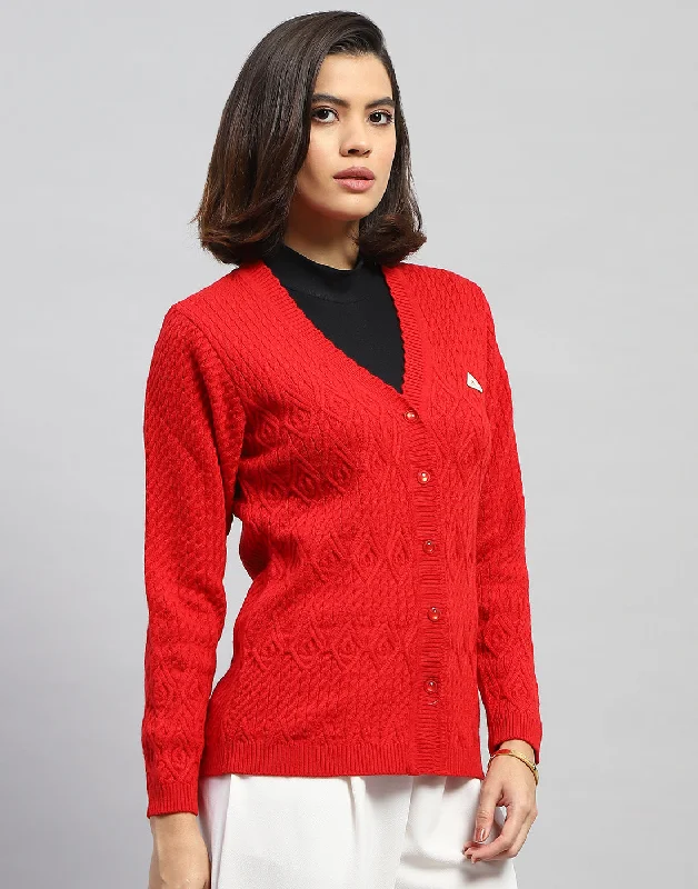 Women Red Self Design V Neck Full Sleeve Cardigan